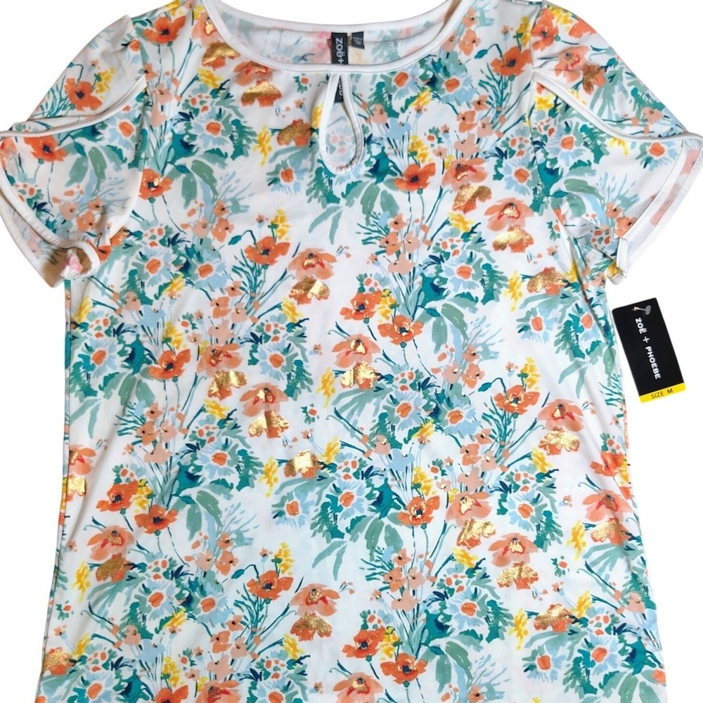 Zoe + Phoebe Floral Print Top‎ Short Sleeve Womens Size M stretchy